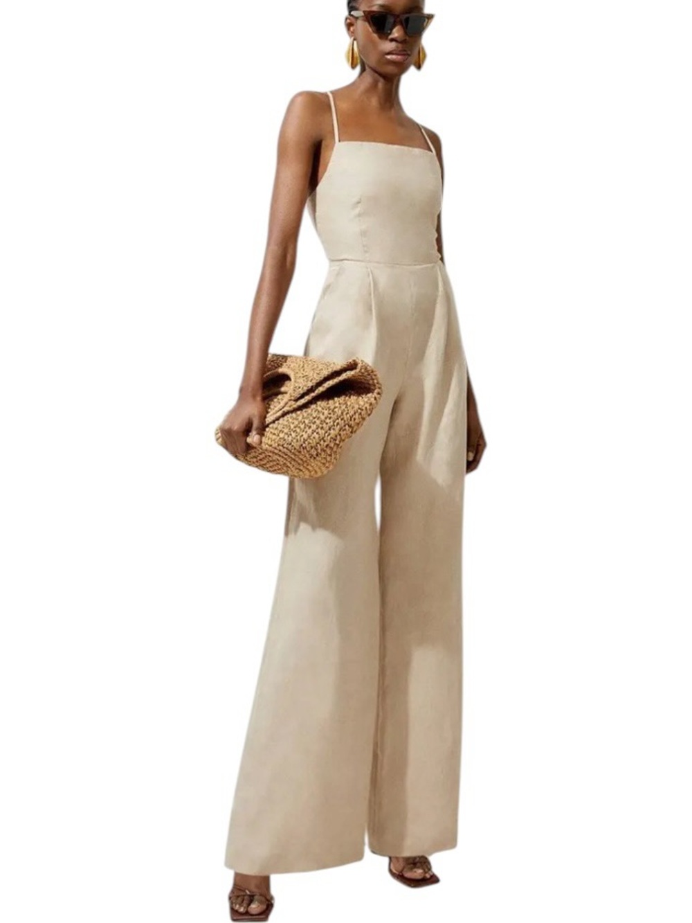 Karen Millen Linen Tailored Halter Neck  Corset  Back Wide Leg Jumpsuit Beige